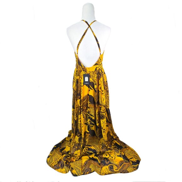 NWT Fashion Nova Yellow Black That Time of Day Deep V Maxi Flowy LOw Back Dress - Picture 7 of 11